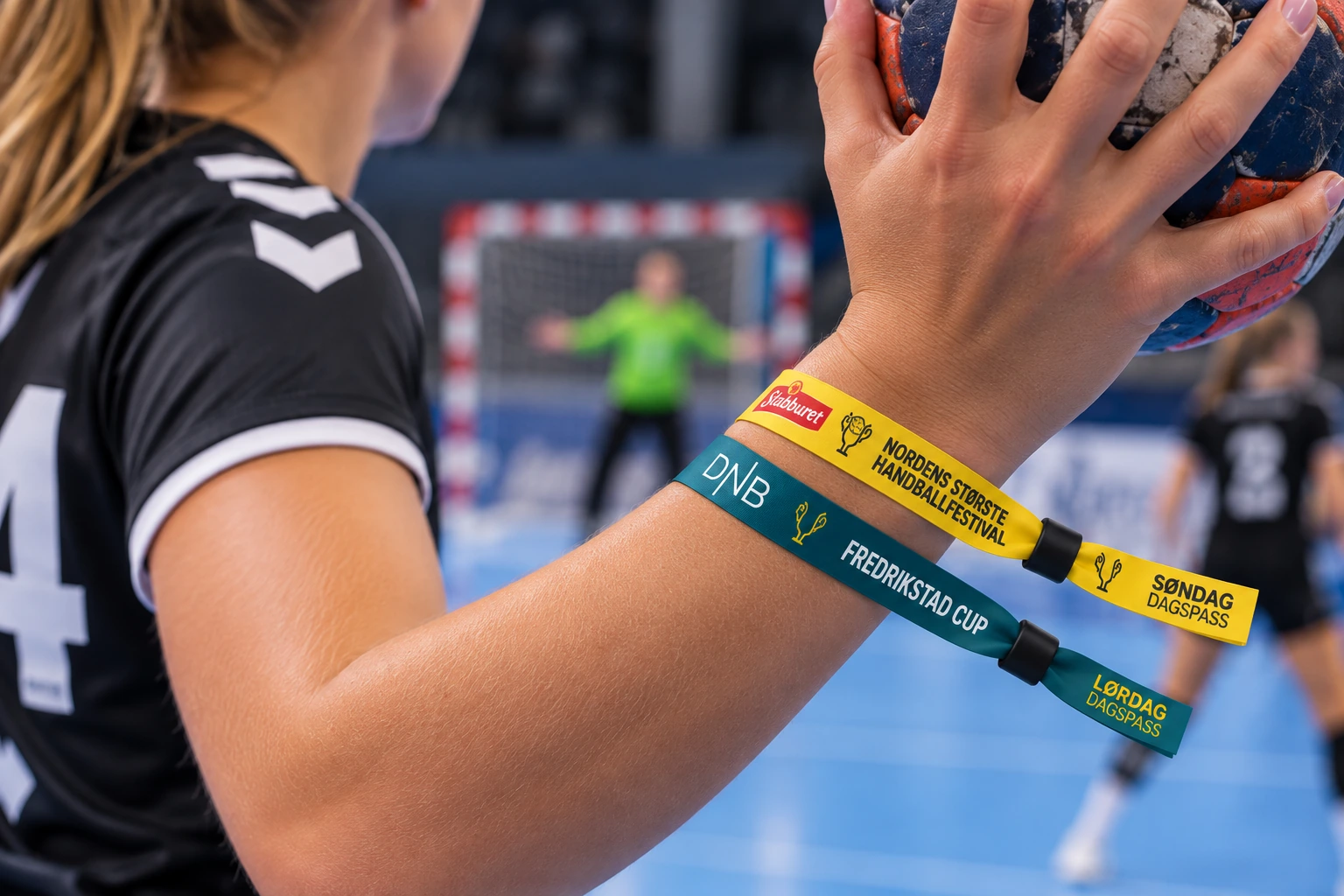 Håndballspiller med cupbånd profilert med Stabburet og DNB