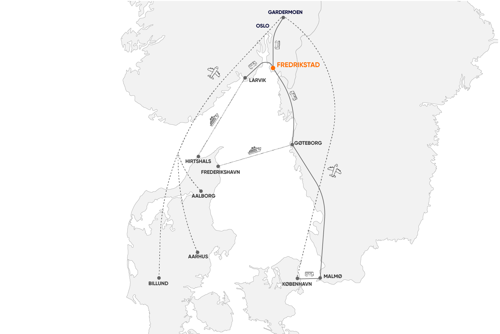 Oversigtskort over rejseveje fra København, Billund, Aarhus og Aalborg til Fredrikstad via Sverige, færgehavnene Hirtshals og Frederikshavn eller Oslo Gardermoen.
