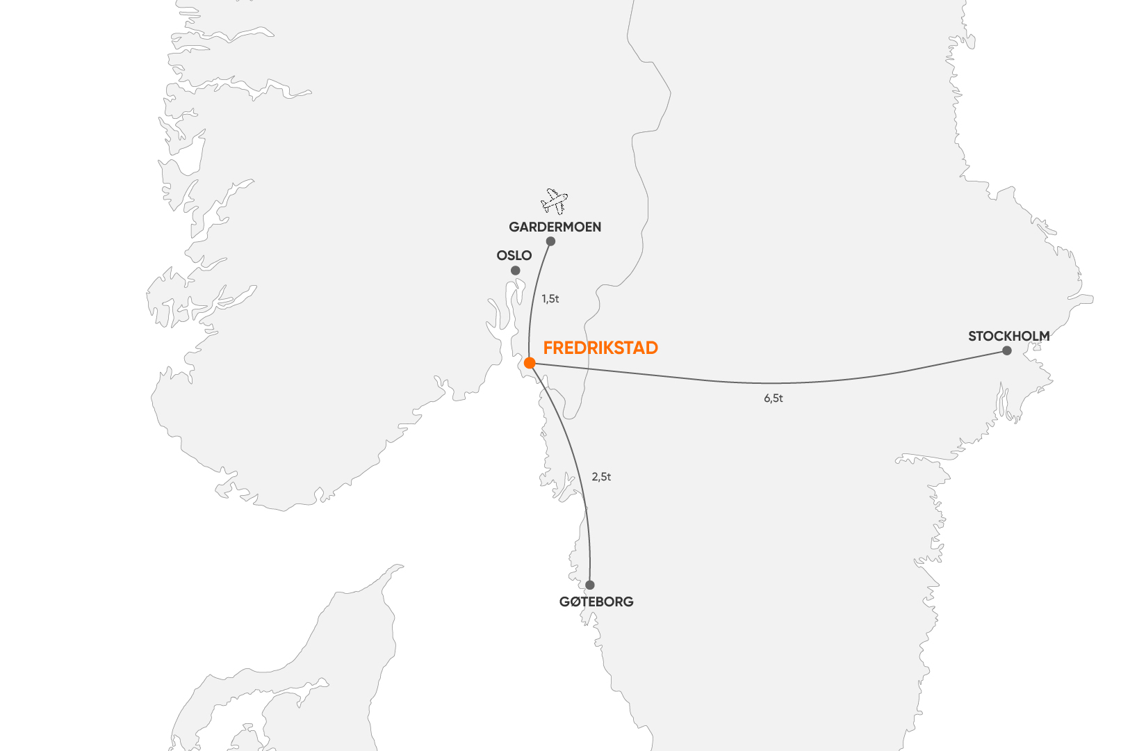 Karta från tidigare välkomstsida: Göteborg till Fredrikstad cirka 2,5 timmar, Stockholm till Fredrikstad cirka 6,5 timmar och Gardermoen till Fredrikstad cirka 1,5 timmar.